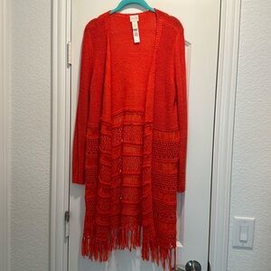 Gorgeous Chicos deep coral long open cardigan with bottom fringes size 1